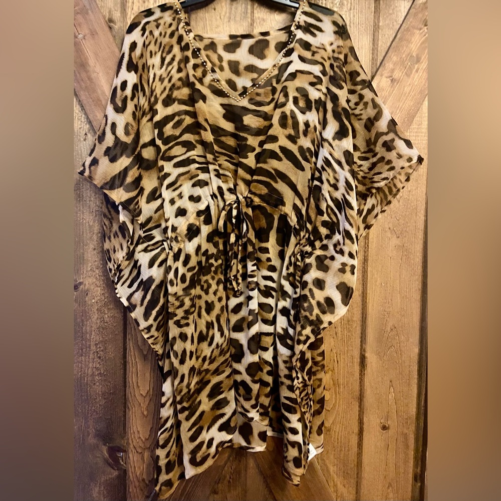 CAMILLA Leopard Print Sheer Cover-Up w/ Tie and Side Slits- No Tag- One Size